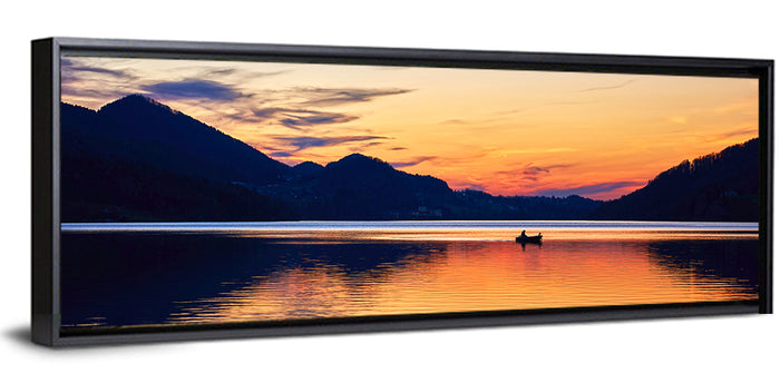 Lake Fuschl Sunset with Boat Wall Art as a framed canvas
