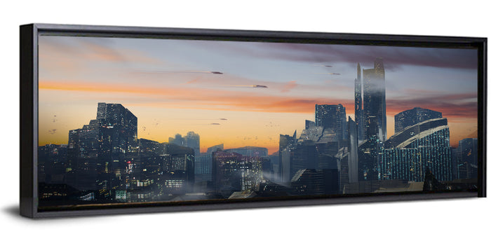 Futuristic City Skyline at Dusk Wall Art as a framed canvas