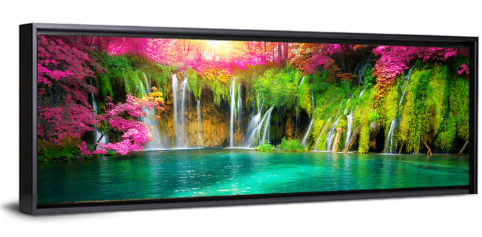 Plitvice Falls in Golden Light Wall Art as a framed canvas