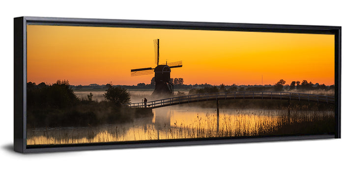 Misty Sunrise Windmill Wall Art as a framed canvas