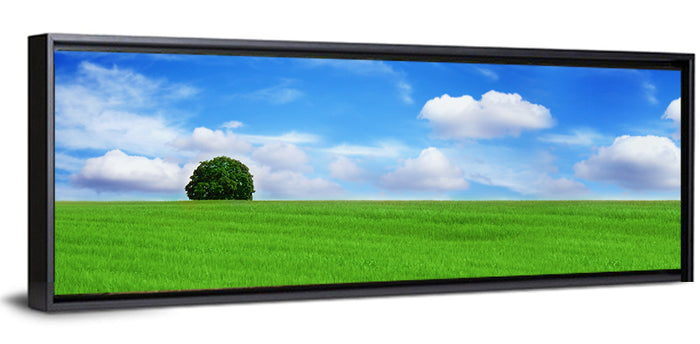 Solitary Tree Over Green Meadow Wall Art as a framed canvas