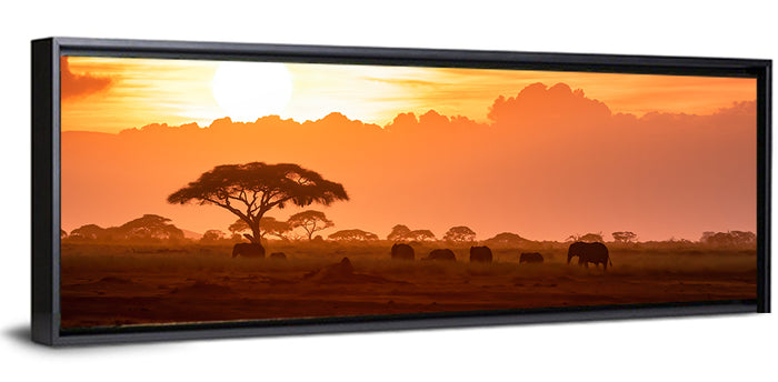 African Elephant Herd at Sunset Wall Art as a framed canvas