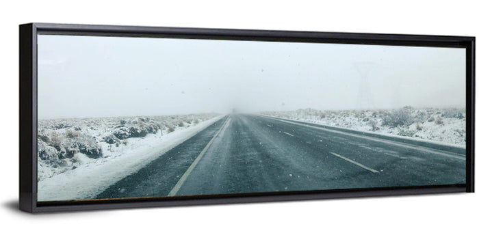 Foggy Winter Mountain Road Wall Art as a framed canvas