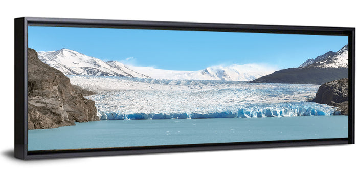 Grey Glacier and Blue Glacial Lake Wall Art as a framed canvas
