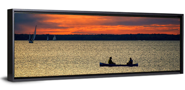 Ottawa River Sunset Canoe Wall Art as a framed canvas