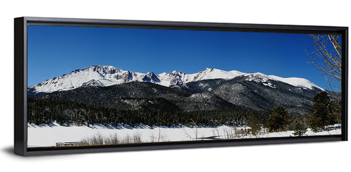 Pikes Peak Winter View Wall Art as a framed canvas