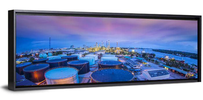 Twilight Oil Refinery River View Wall Art as a framed canvas