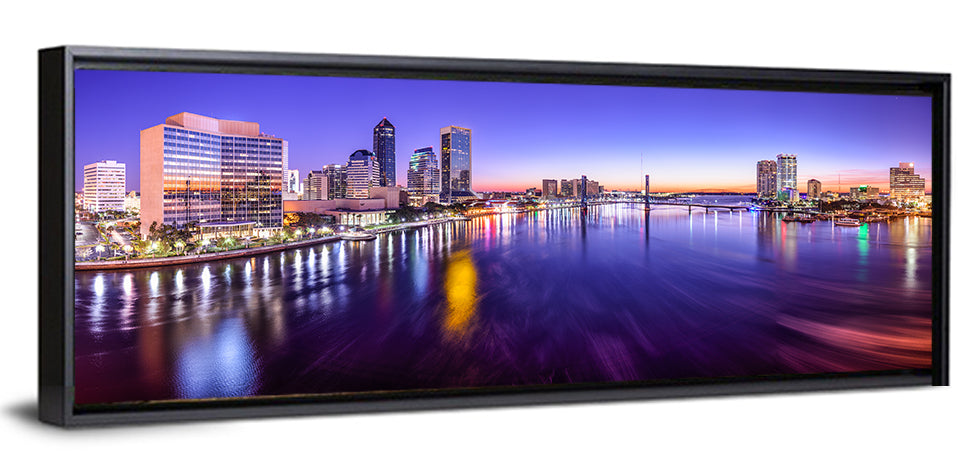 Jacksonville Twilight Skyline Wall Art, framed canvas, panoramic