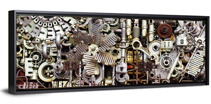 Industrial Gearwork Parts Collage Wall Art as a framed canvas
