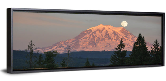 Mount Rainier Alpenglow with Full Moon Wall Art as a framed canvas