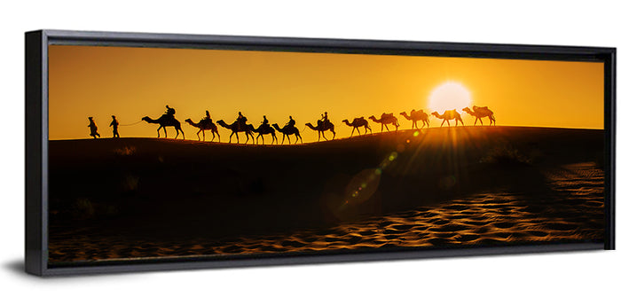 Camel Caravan Silhouette at Golden Sunset Wall Art as a framed canvas