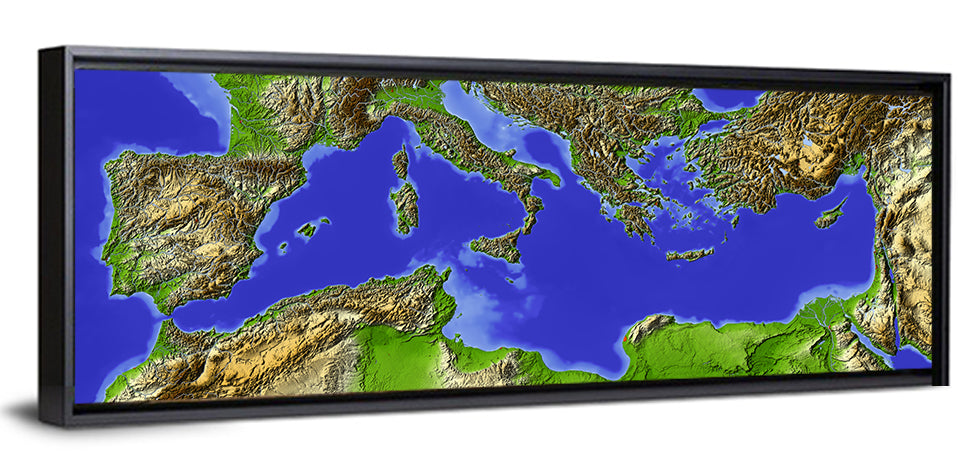Mediterranean Sea Shaded Relief Map Wall Art