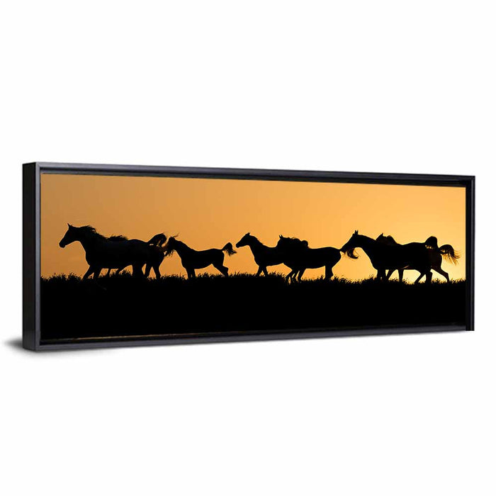Arabian Horse Silhouettes at Sunset Wall Art as a framed canvas