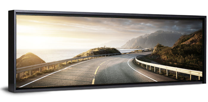 Golden Sunrise Coastal Road Wall Art as a framed canvas