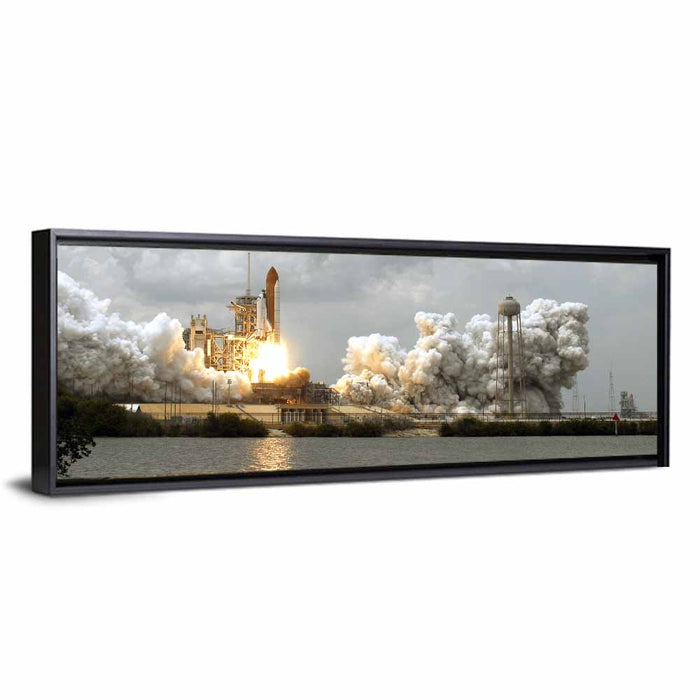 Space Shuttle Launch Over Water Wall Art as a framed canvas