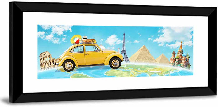 Yellow Beetle World Road Trip Wall Art as a framed print
