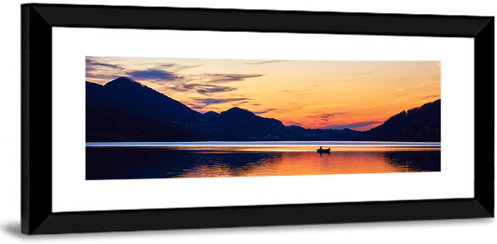 Lake Fuschl Sunset with Boat Wall Art as a framed print