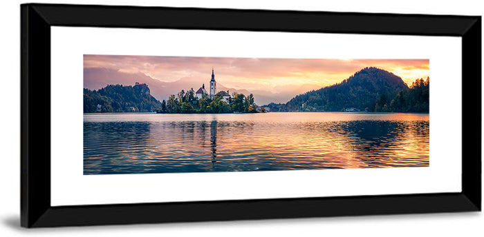 Golden Hour at Bled Island Wall Art as a framed print