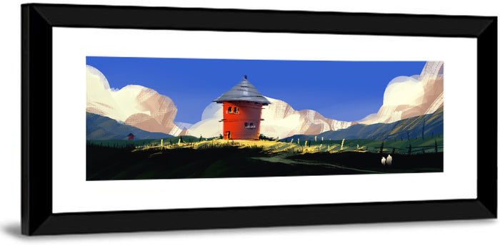 Red Tower in Meadow Wall Art as a framed print