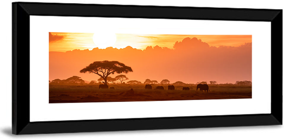 African Elephant Herd at Sunset Wall Art