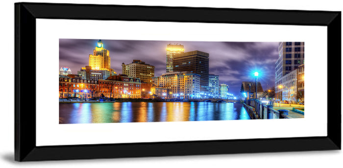 Providence River Night Skyline Wall Art as a framed print