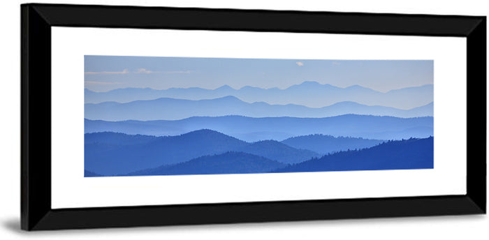 Misty Blue Mountain Valley Wall Art as a framed print