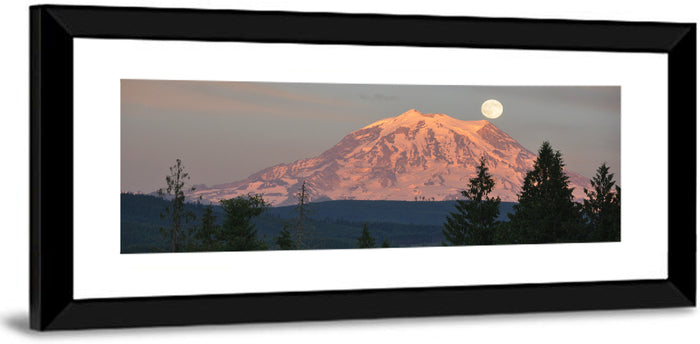 Mount Rainier Alpenglow with Full Moon Wall Art as a framed print