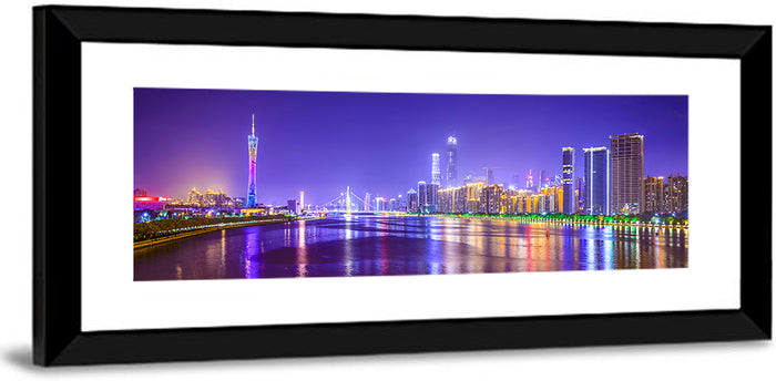 Guangzhou Skyline Night Over Pearl River Wall Art as a framed print