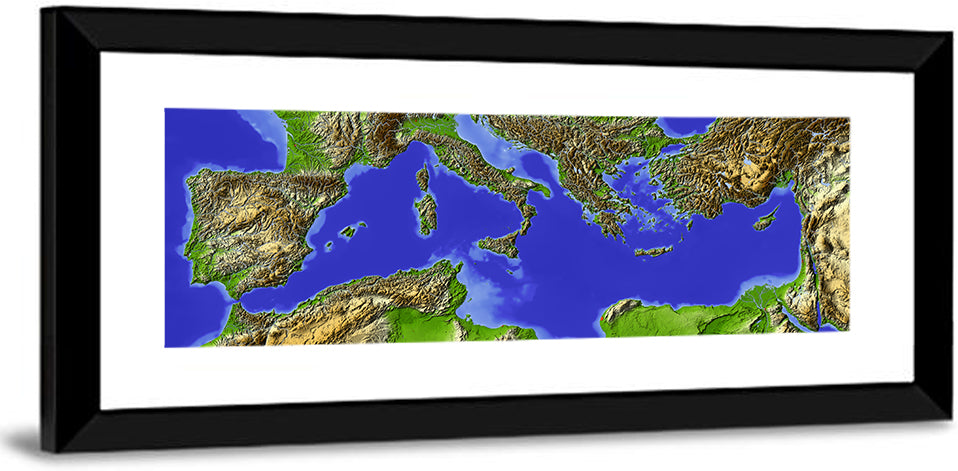 Mediterranean Sea Shaded Relief Map Wall Art