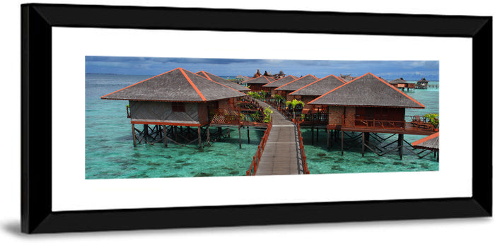 Overwater Bungalows Boardwalk Over Turquoise Sea Wall Art as a framed print