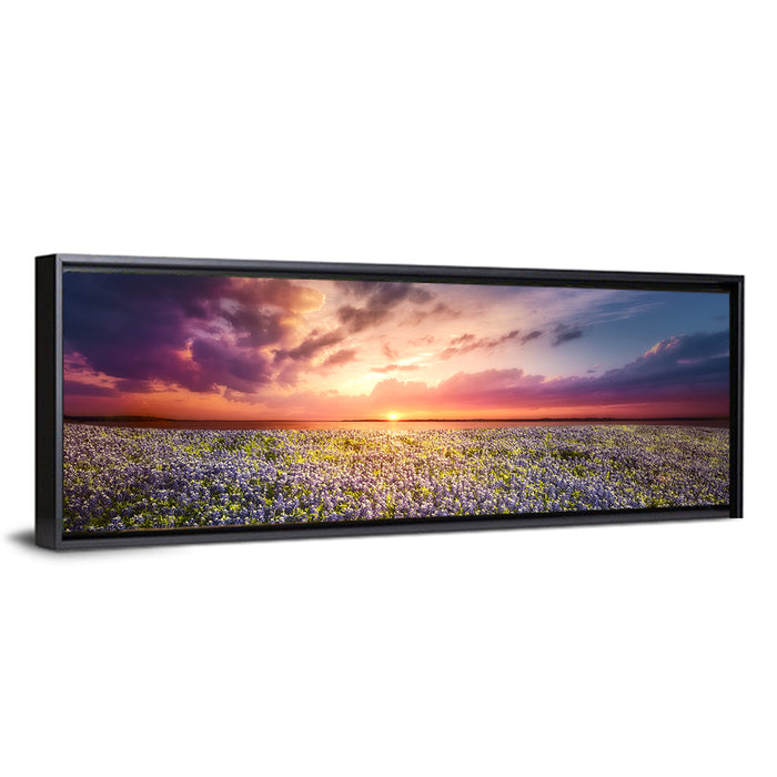 Texas Bluebonnet Sunset Wall Art as a framed canvas