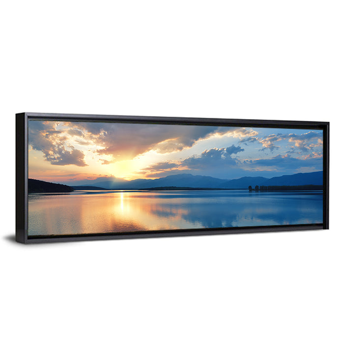 Golden Hour Lake Reflection Wall Art as a framed canvas