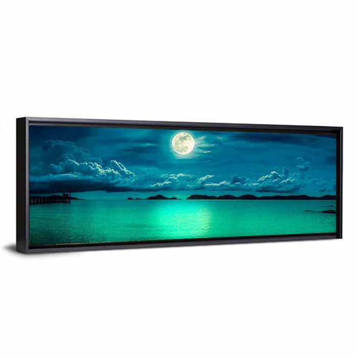 Moonlit Pier Seascape Wall Art as a framed canvas