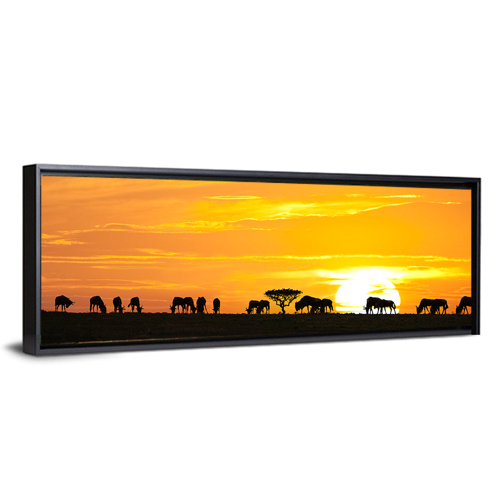Wildebeest Silhouettes at Sunset Wall Art