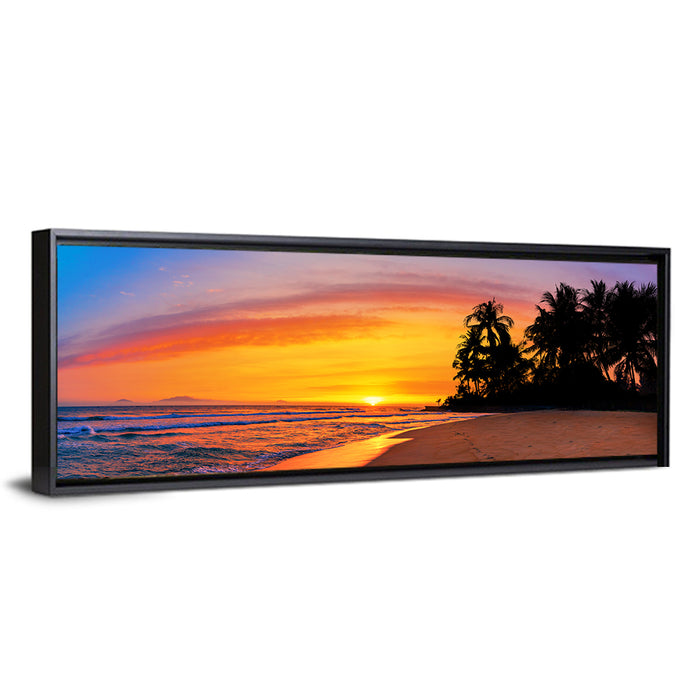 Tropical Beach Sunset Wall Art as a framed canvas