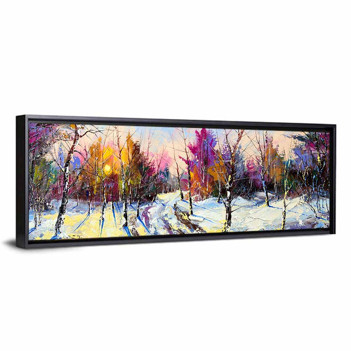 Snowy Birch Path at Sunset Wall Art as a framed canvas