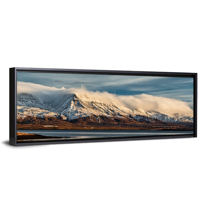Reykjavik Golden Hour Mountains Wall Art as a framed canvas