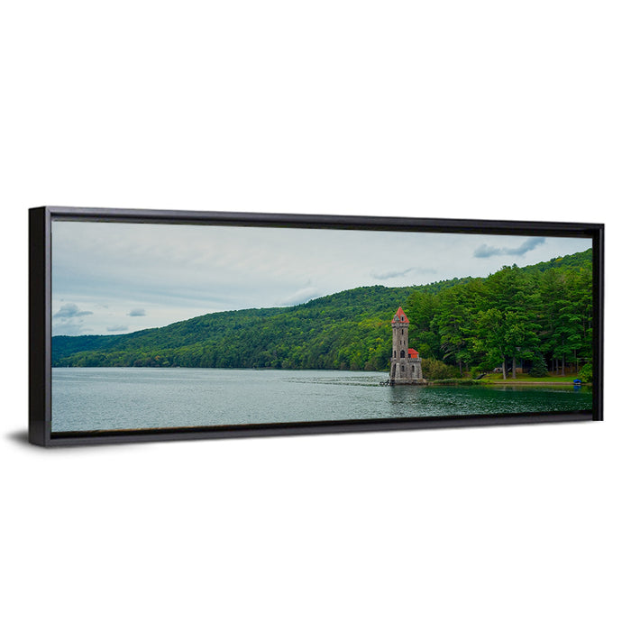 Otsego Lake View with Stone Tower Wall Art as a framed canvas