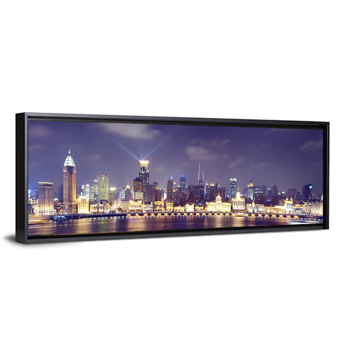 Shanghai Night Skyline Wall Art as a framed canvas