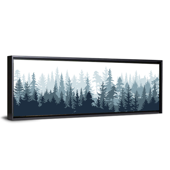 Misty Blue Pine Silhouette Wall Art as a framed canvas