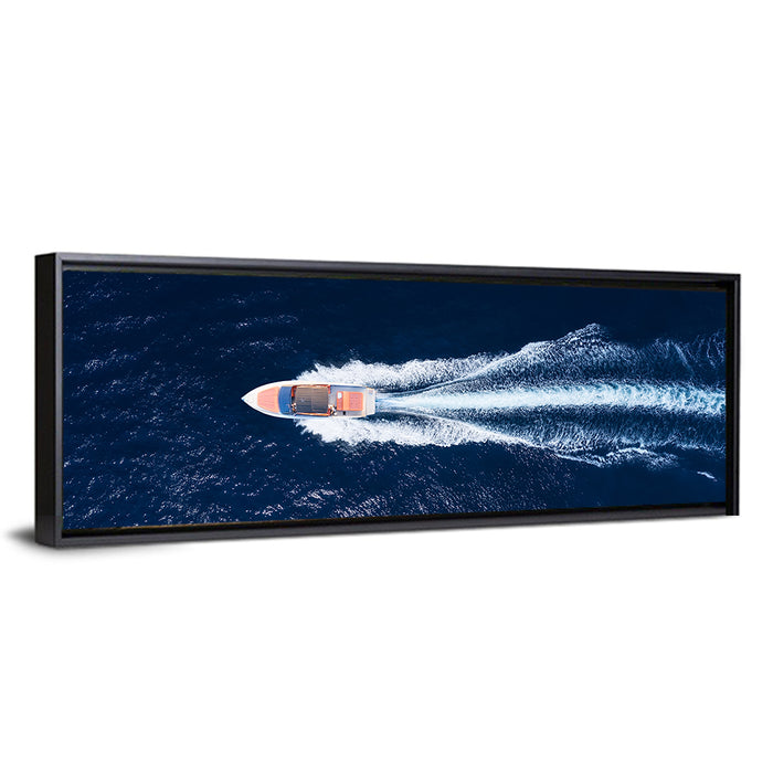 Sleek Speedboat Over Navy Sea Wall Art as a framed canvas