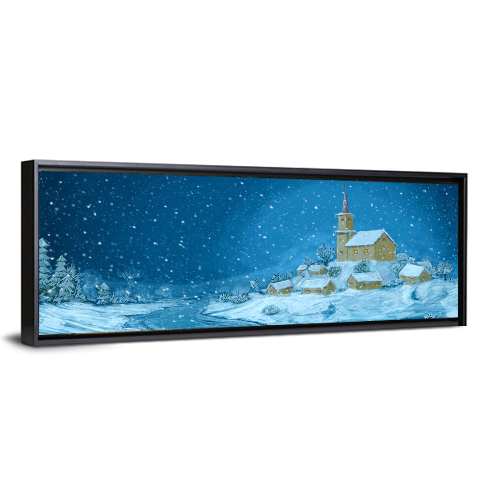 Snowy Village Church at Night Wall Art