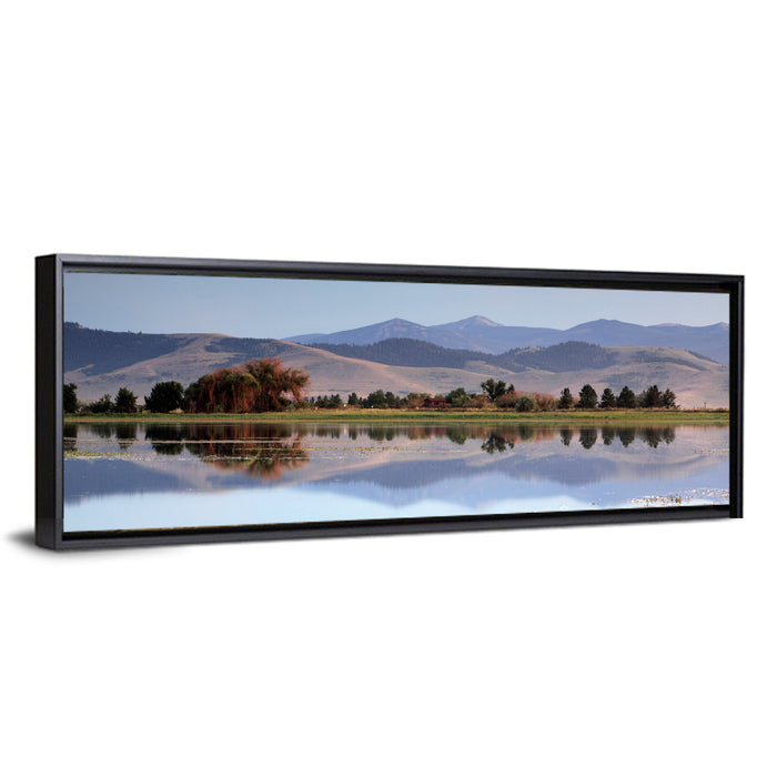 Mission Valley Lake Reflection Wall Art as a framed canvas
