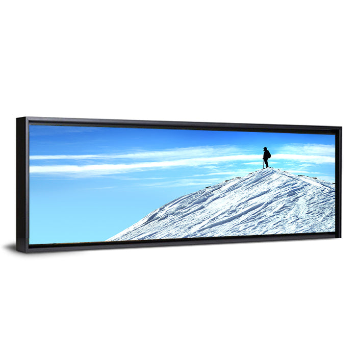 Mountaineer Summit Silhouette Wall Art as a framed canvas
