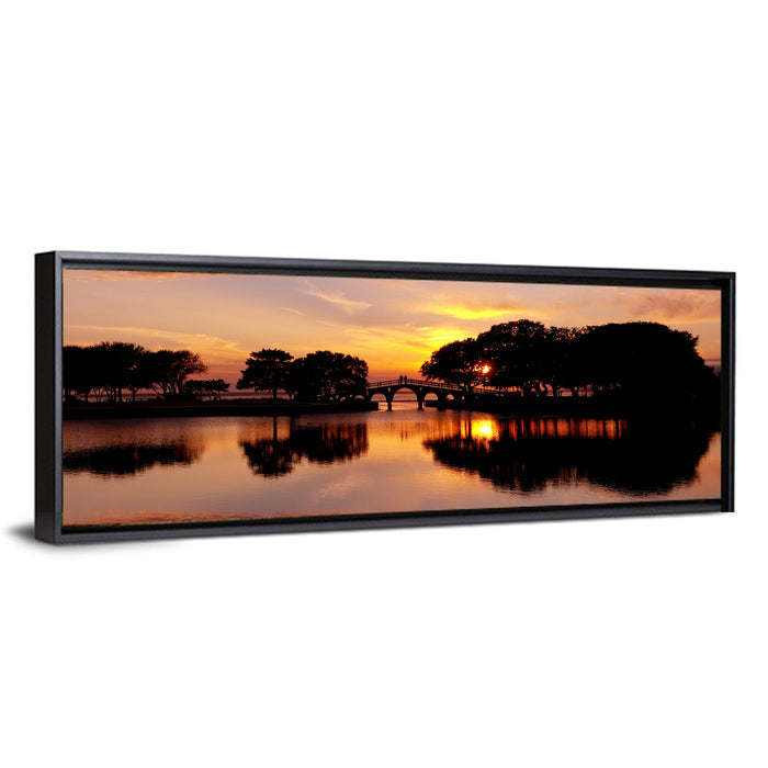 Tranquility Bridge at Sunset Wall Art as a framed canvas