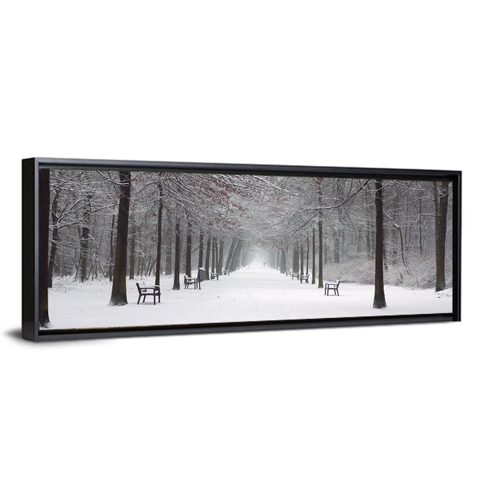 Snow Covered Park Lane Wall Art as a framed canvas