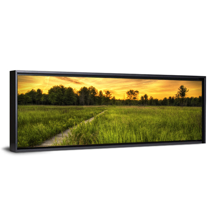 Irwin Prairie Boardwalk Sunset Wall Art as a framed canvas