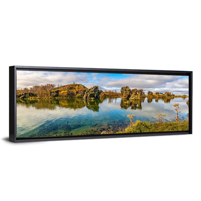 Myvatn Volcanic Rock Reflections Wall Art as a framed canvas