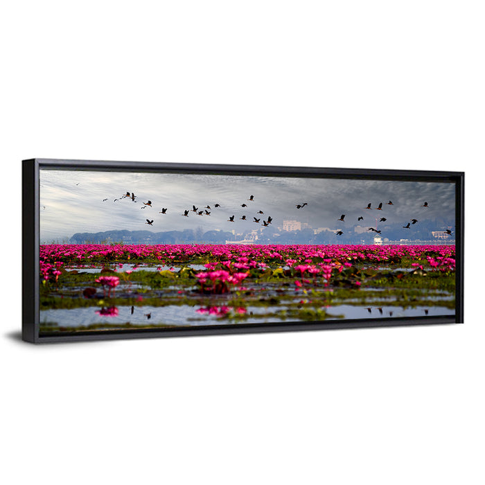 Red Lotus Lake Wall Art as a framed canvas