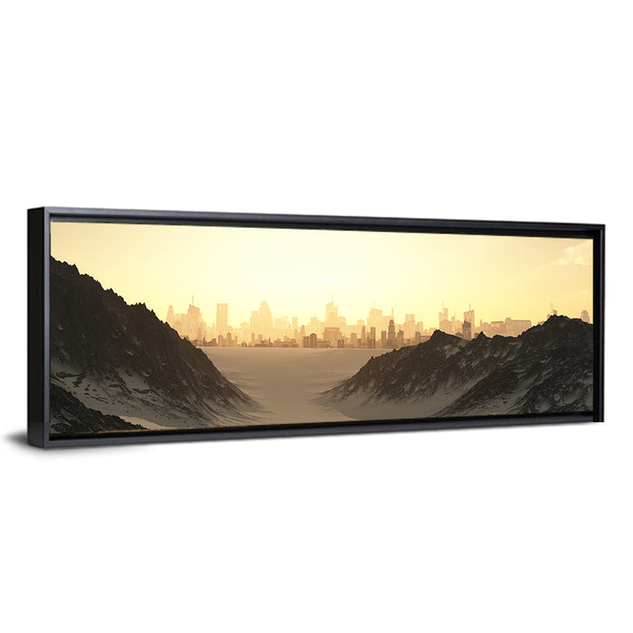 Futuristic City Sunset Wall Art as a framed canvas